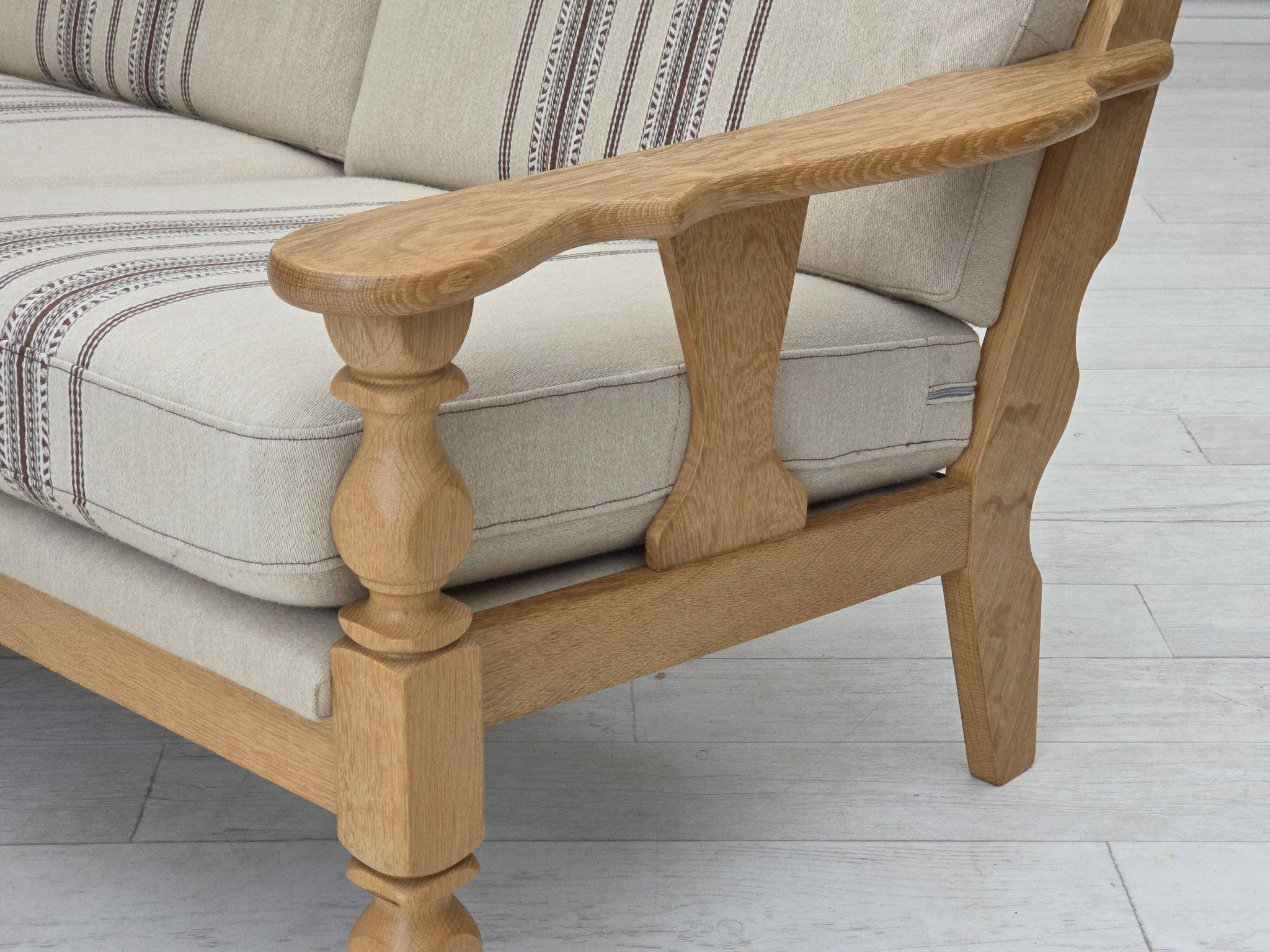 1970s, Danish 3-seater sofa, beige furniture wool, solid oak wood.