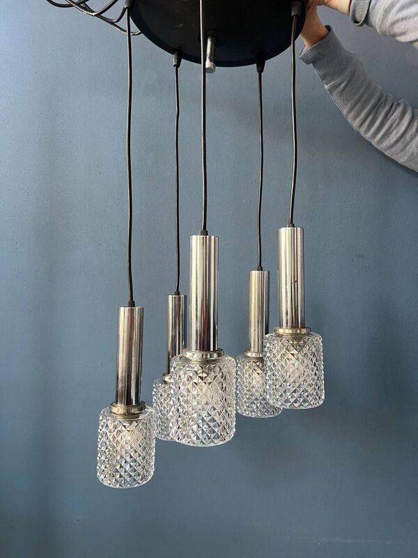 Lampe suspendue en cascade de verre cristal du milieu du siècle