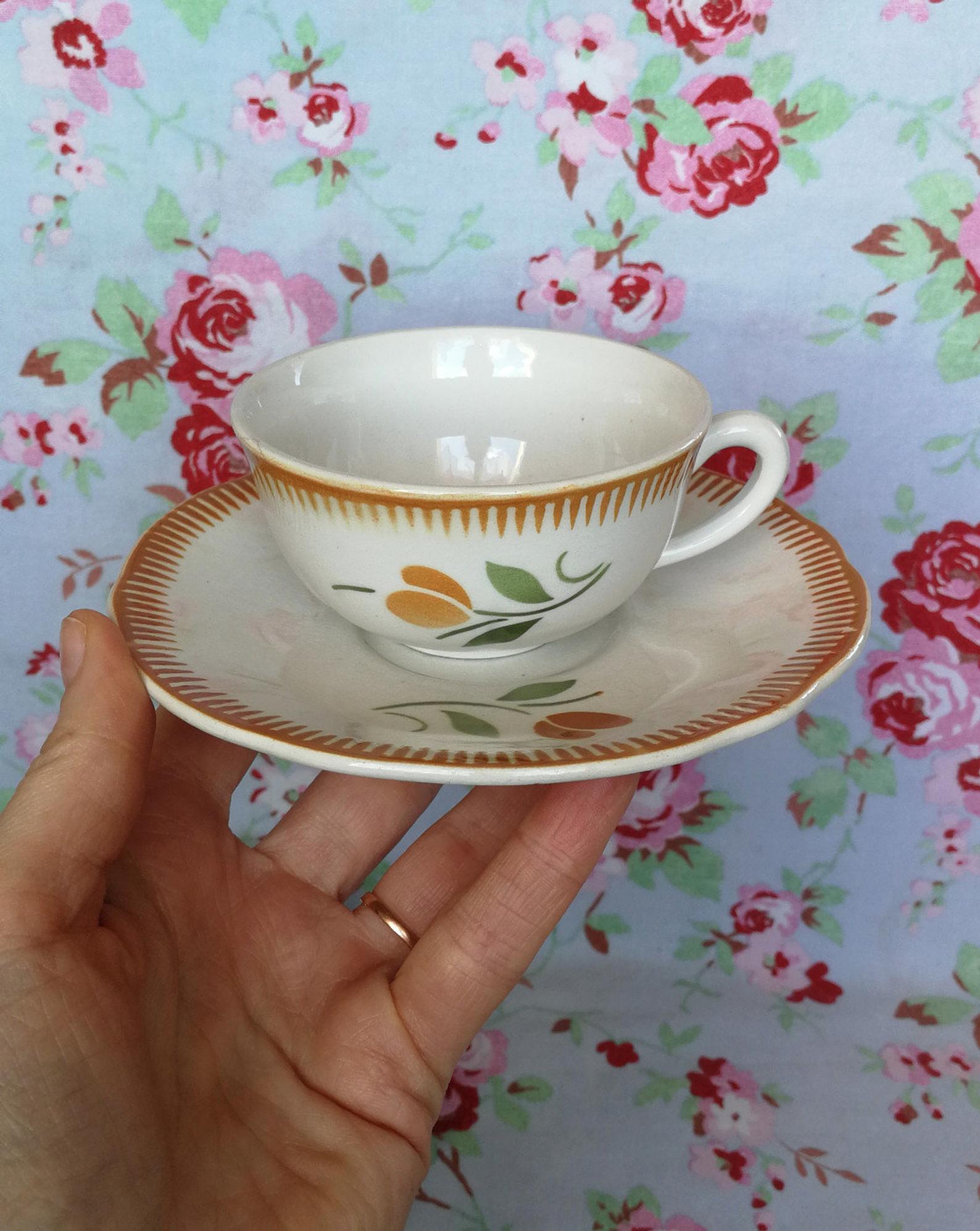 2 Old Badonviller Orange and Green Flower Cups and Sauces - Coffee or Tea Service for 2