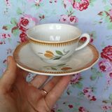 Set de 2 tasses et soucoupes anciennes Badonviller Fleur Orange et Vert - Service à Café ou Thé pour 2