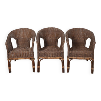 Fauteuil Rotin Vintage, en osier, lot de 3