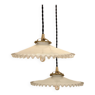 Pair of serrated opaline bistro pendant lights