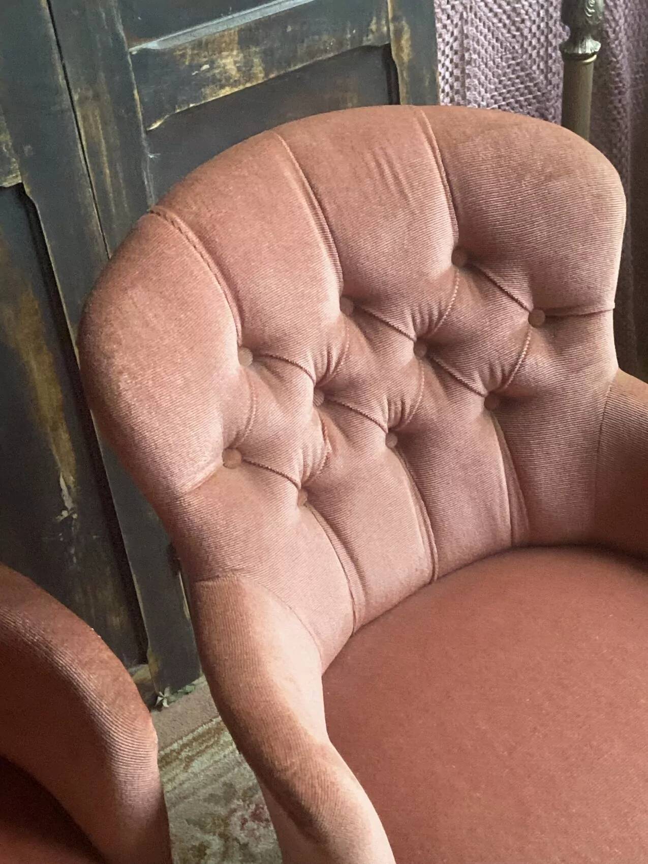Pair of small vintage upholstered toadstool armchairs in old rose velvet – 1960s