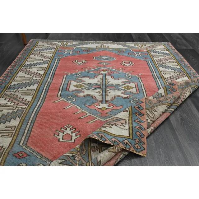 1970s Vintage Turkish Handmade Wool & Cotton Pink Area Rug 155x209