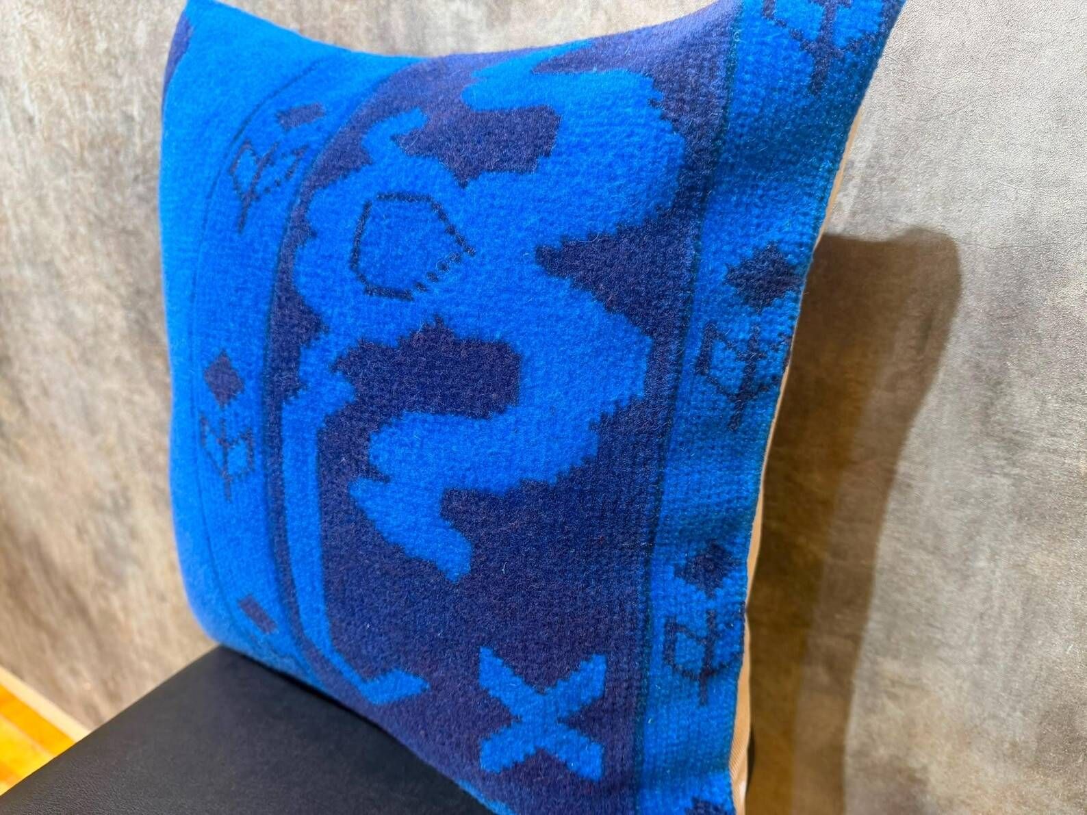 Asymmetric Blue Turkish Rug Pillow, 16x16 Square Wool Cushion Cover