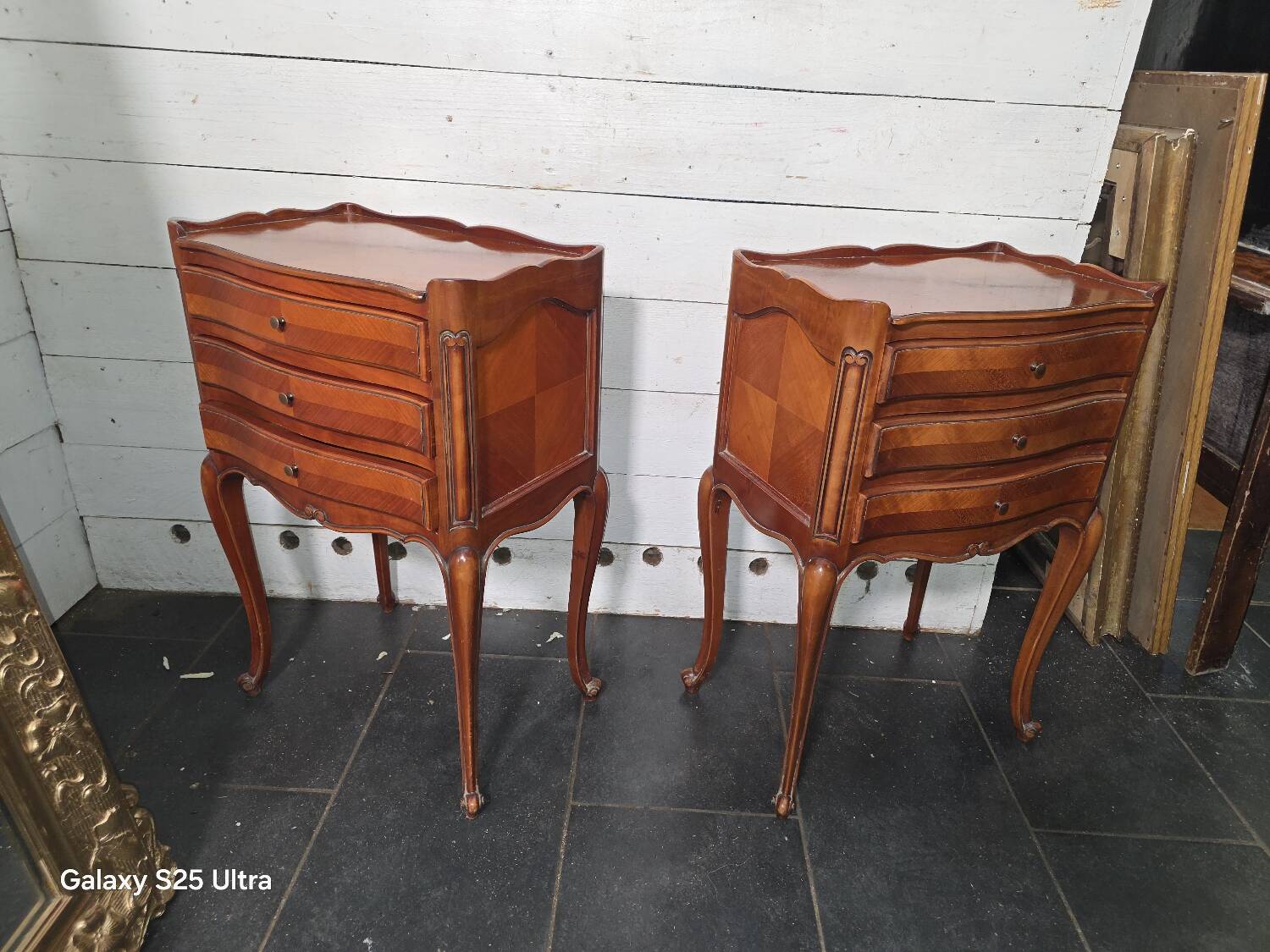 Pair of Louis XV style bedside tables in cherry wood marquetry.