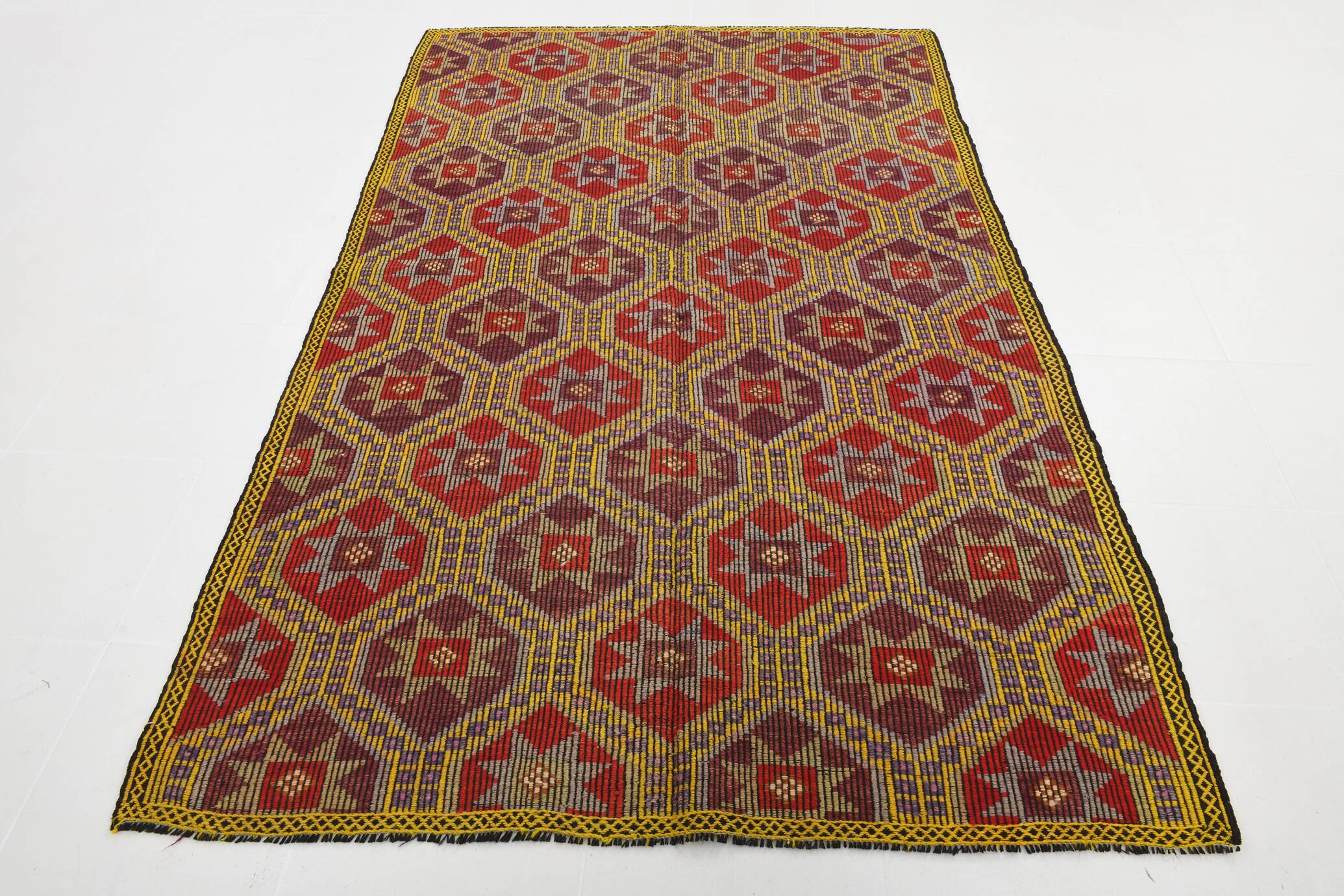 5x8 Burgundy & Yellow Geometric Kilim Rug, 160x258Cm