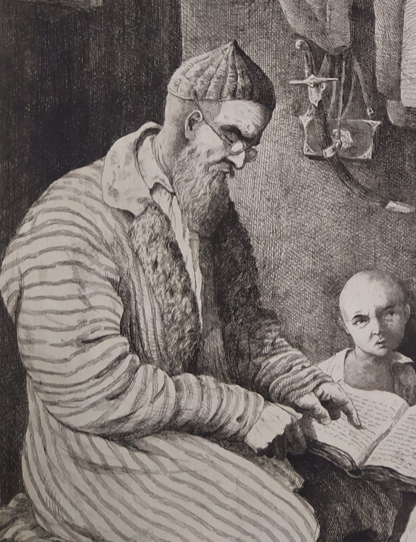 Engraving XIXth "Reading lesson in Orenburg & Country Ugsters"