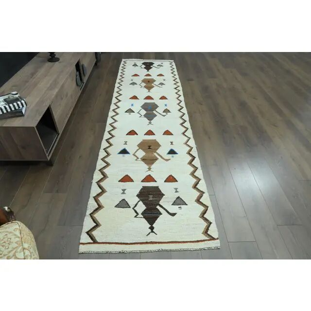 1970s Vintage Turkish Oushak Handmade Wool Cotton White Runner Rug 91x328