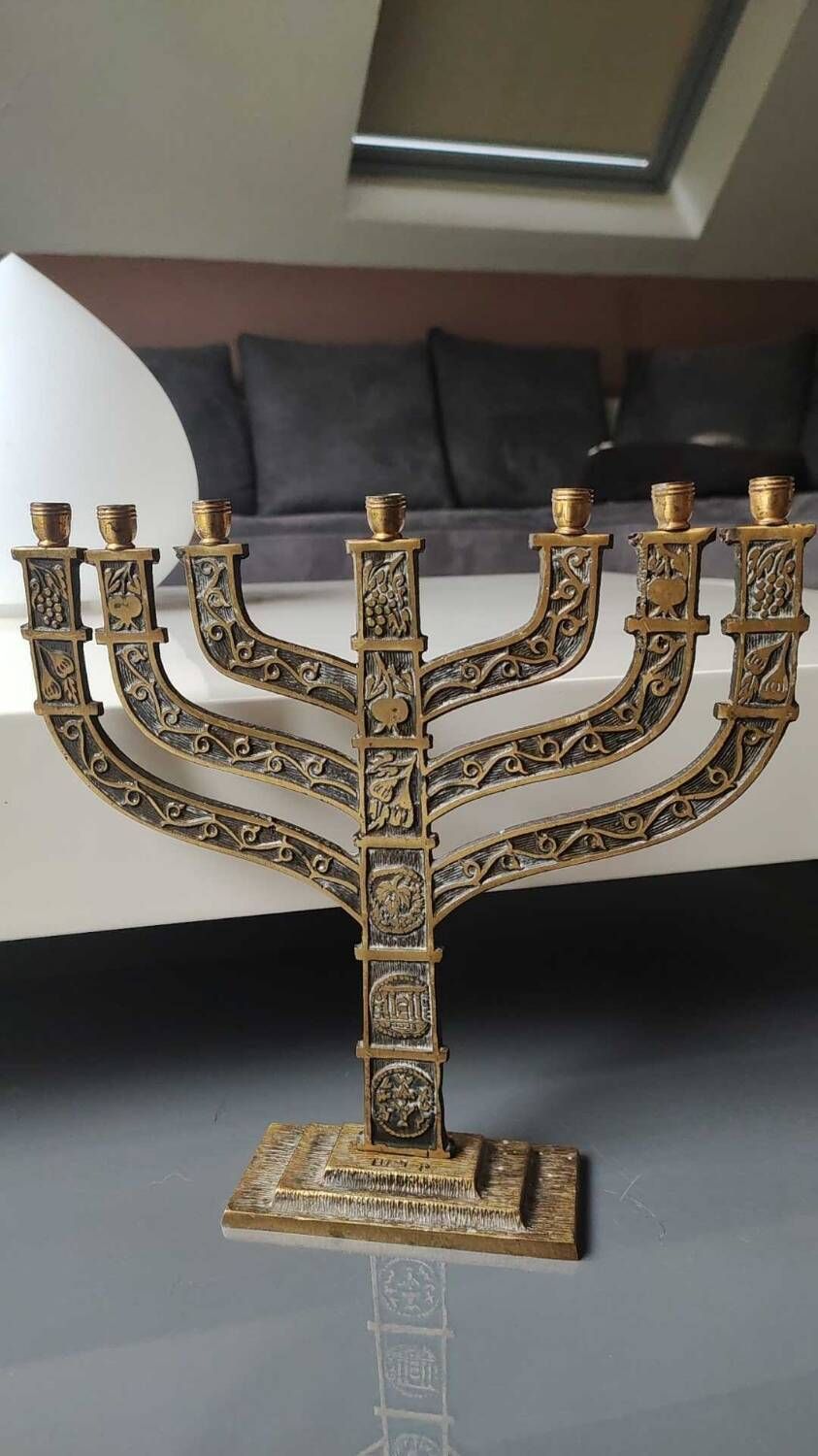 Old Large Menorah/Jewish/Hebrew Candlestick with 7 lights. Signed "Israel". 1950s. Size 23 x 24 cm