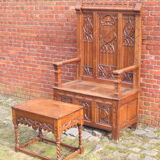 Neo gothic throne and side table, France ca 1900, Set of 2.