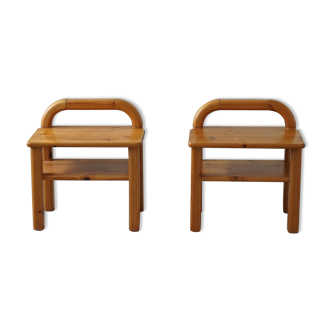 Pair of Mid Century Brutalist Night Stands in Solid Pine, 1970s, Made in Sweden