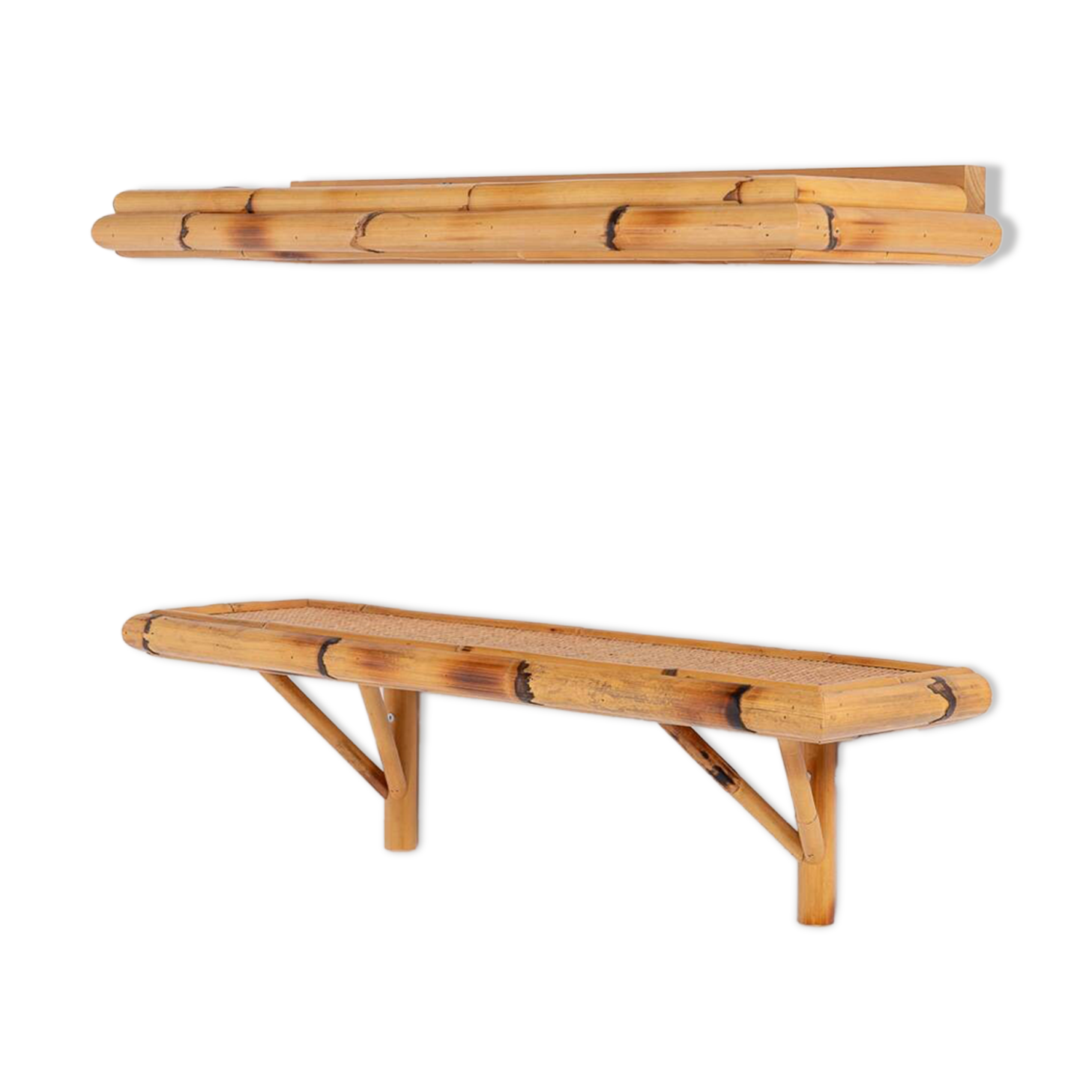 Pair of vintage bamboo-cane wall shelves