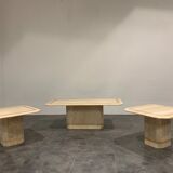 Set of 3 vintage travertine coffee table and side tables, 1980s