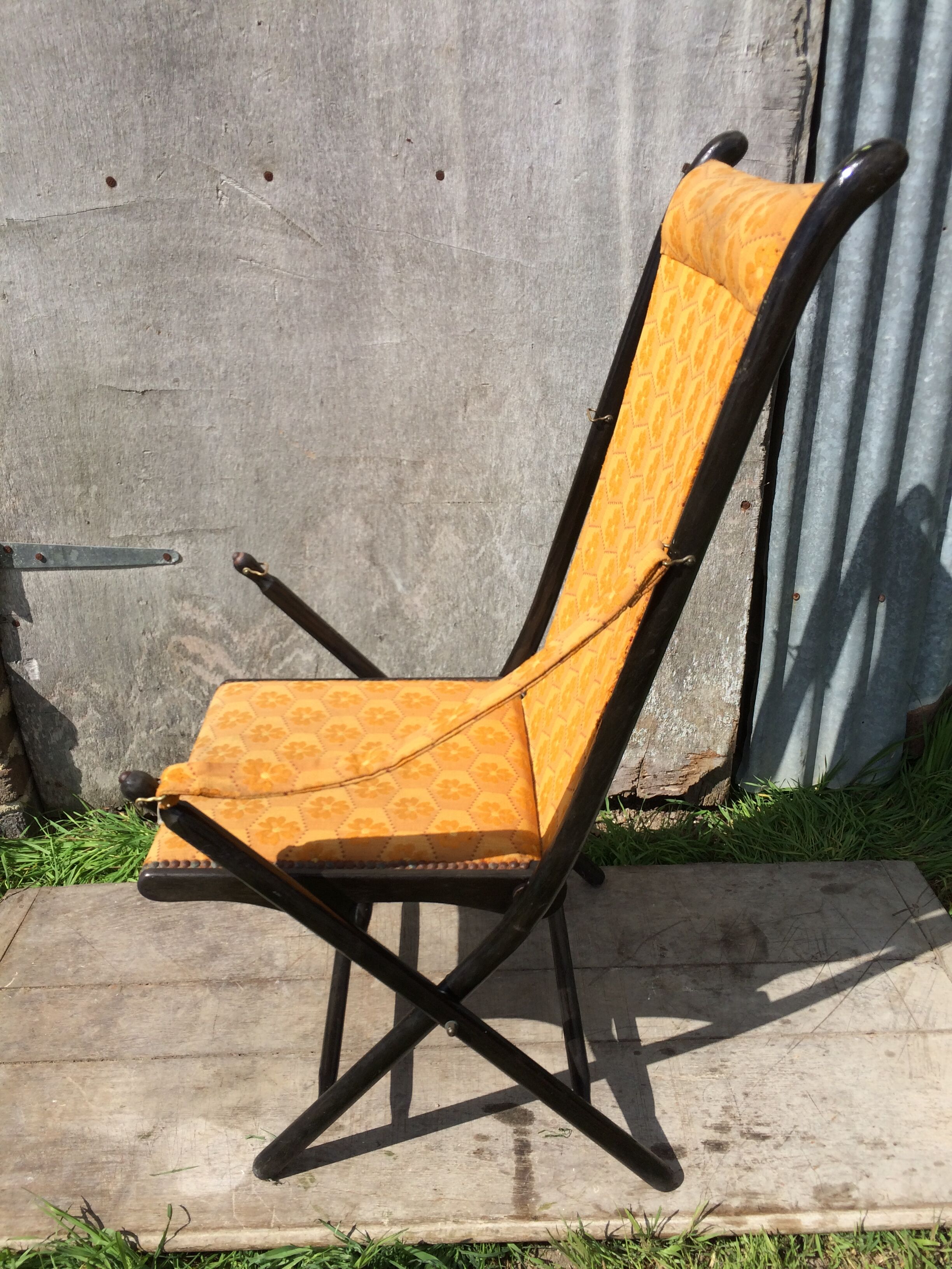Napoleon III folding chair armchair black wood & vintage yellow fabric