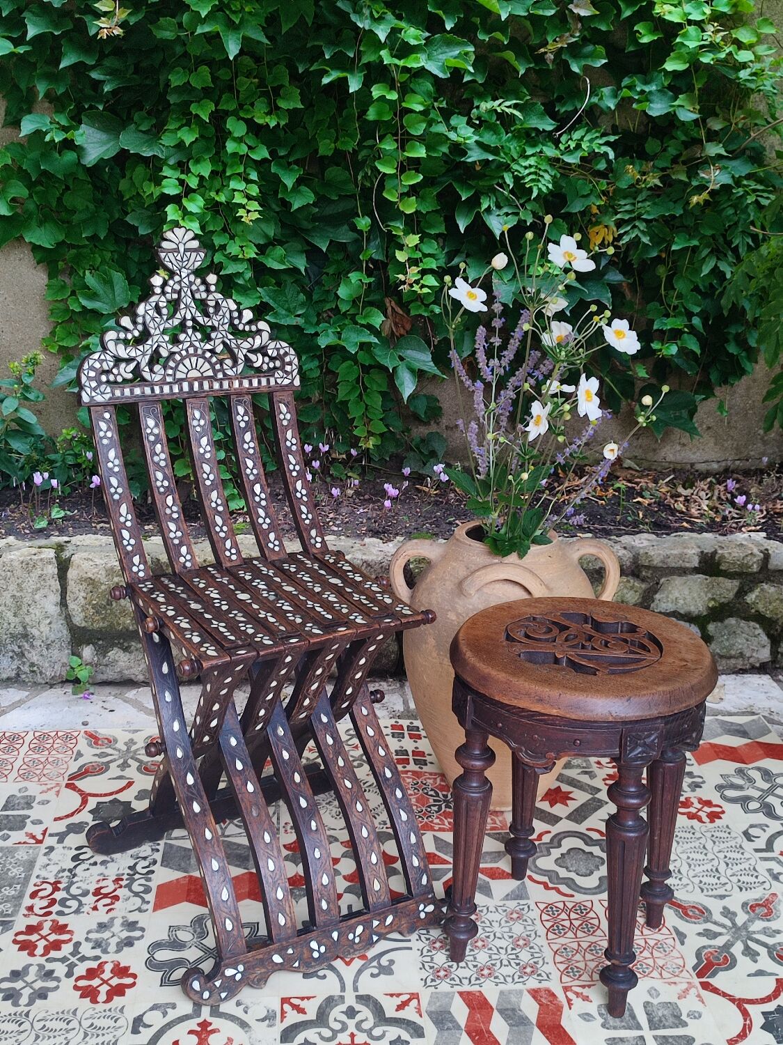 Antique folding oriental chair with mother-of-pearl inlays