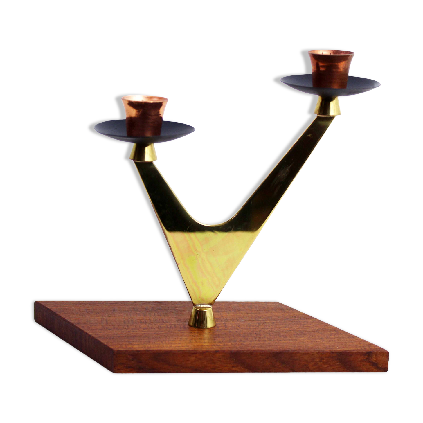 Double teak and brass candle holder