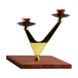 Double teak and brass candle holder