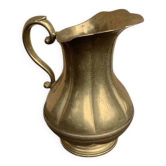 Vintage sculptural brass pitcher with a volute handle, satin finish (1950s)