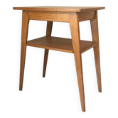 Guéridon pieds compas 1950 en bois clair, desserte, table d'appoint