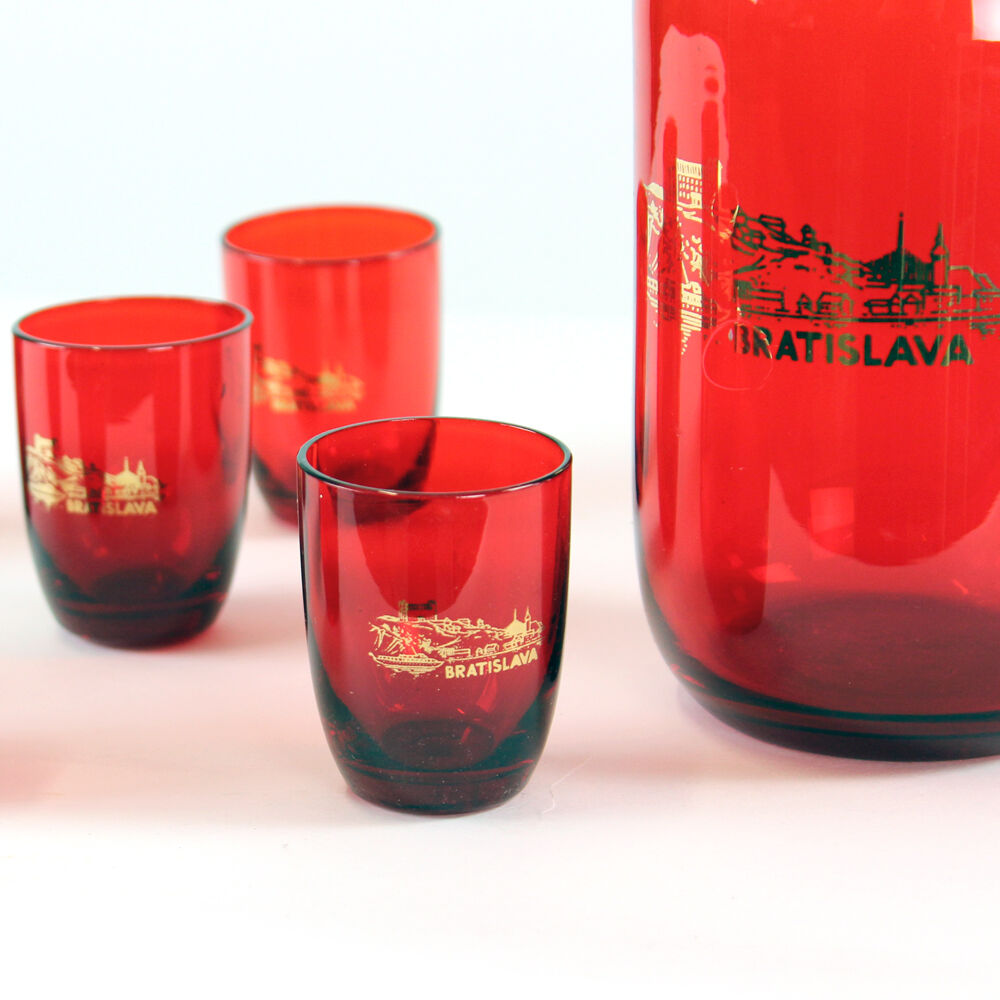 Midcentury alcohol bottle & shots set in red glass, Czechoslovakia circa 1960s