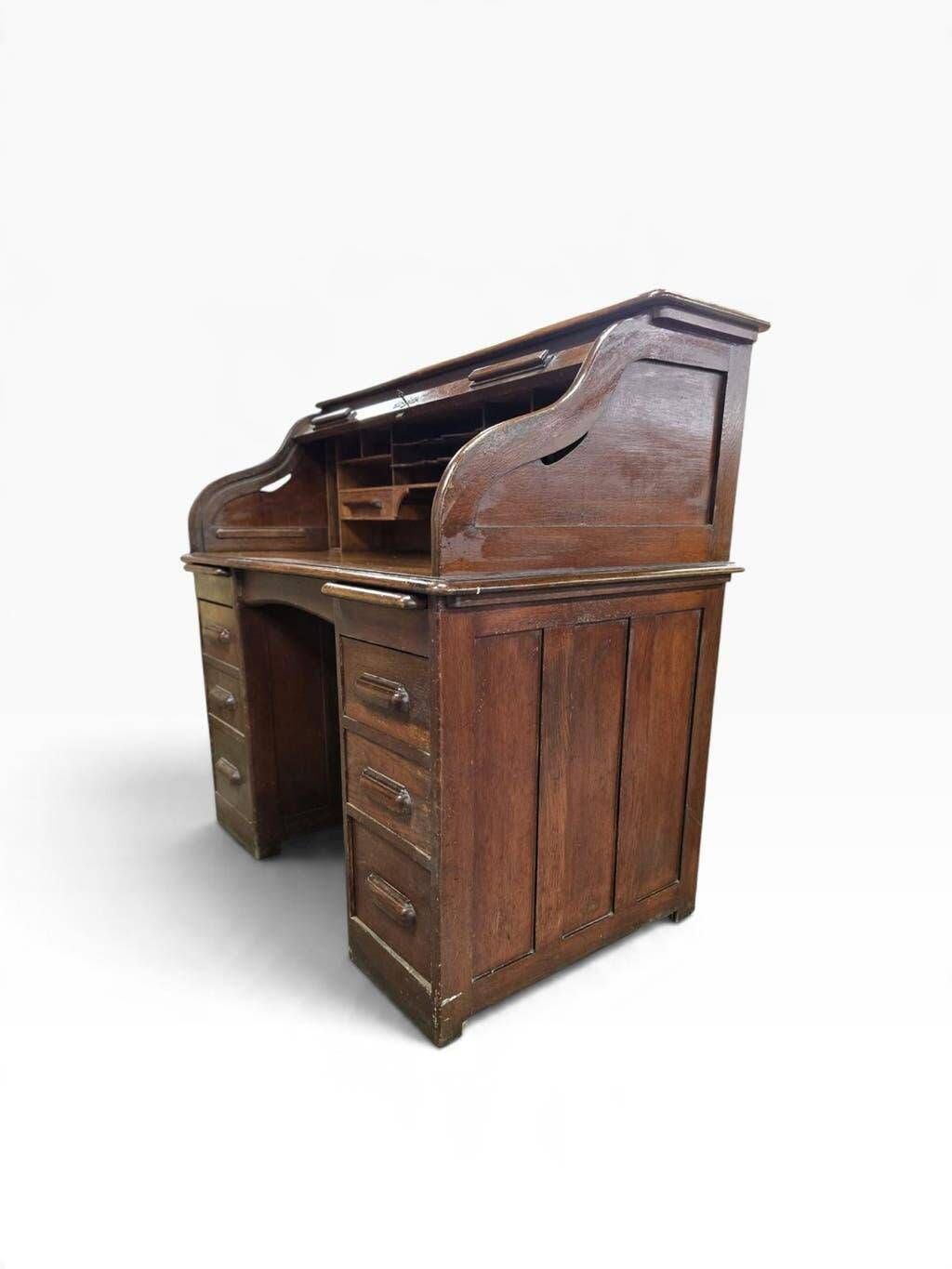 Bureau américain vintage en bois avec volet roulant