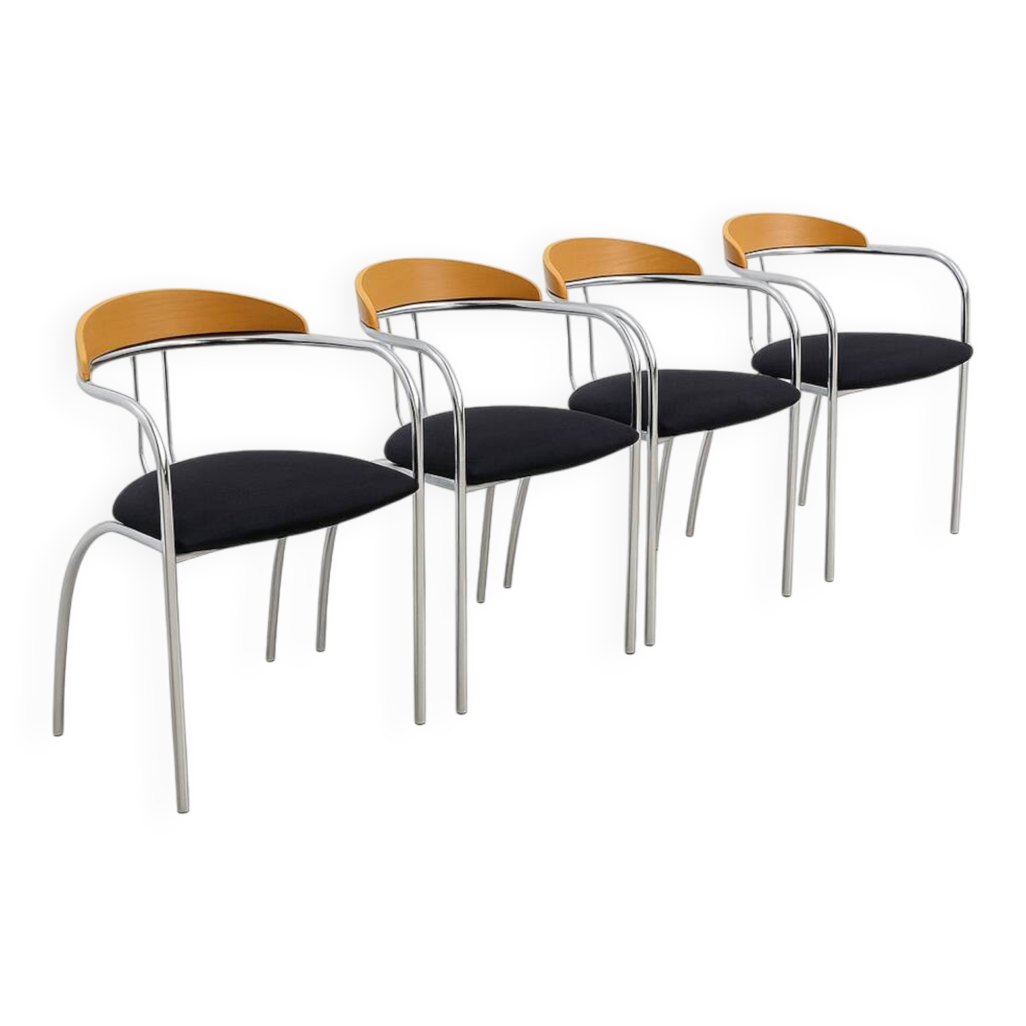 Set of 4 Chrome and Wood Chairs, Italy, 1980s