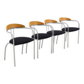 Set of 4 Chrome and Wood Chairs, Italy, 1980s