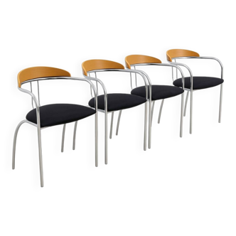 Set of 4 Chrome and Wood Chairs, Italy, 1980s