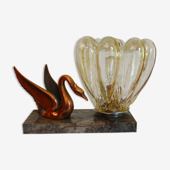 Lampe chevet art deco marbre,  verre cygne  en régule