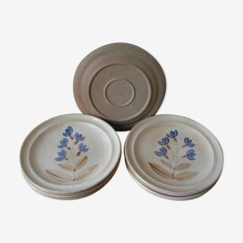 Service of 9 old flat plates in sandstone of the Marais decoration blue flowers kitchen countryside