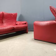 Leather Maralunga sofa set by Vico Magistretti for Cassina, 1980s
