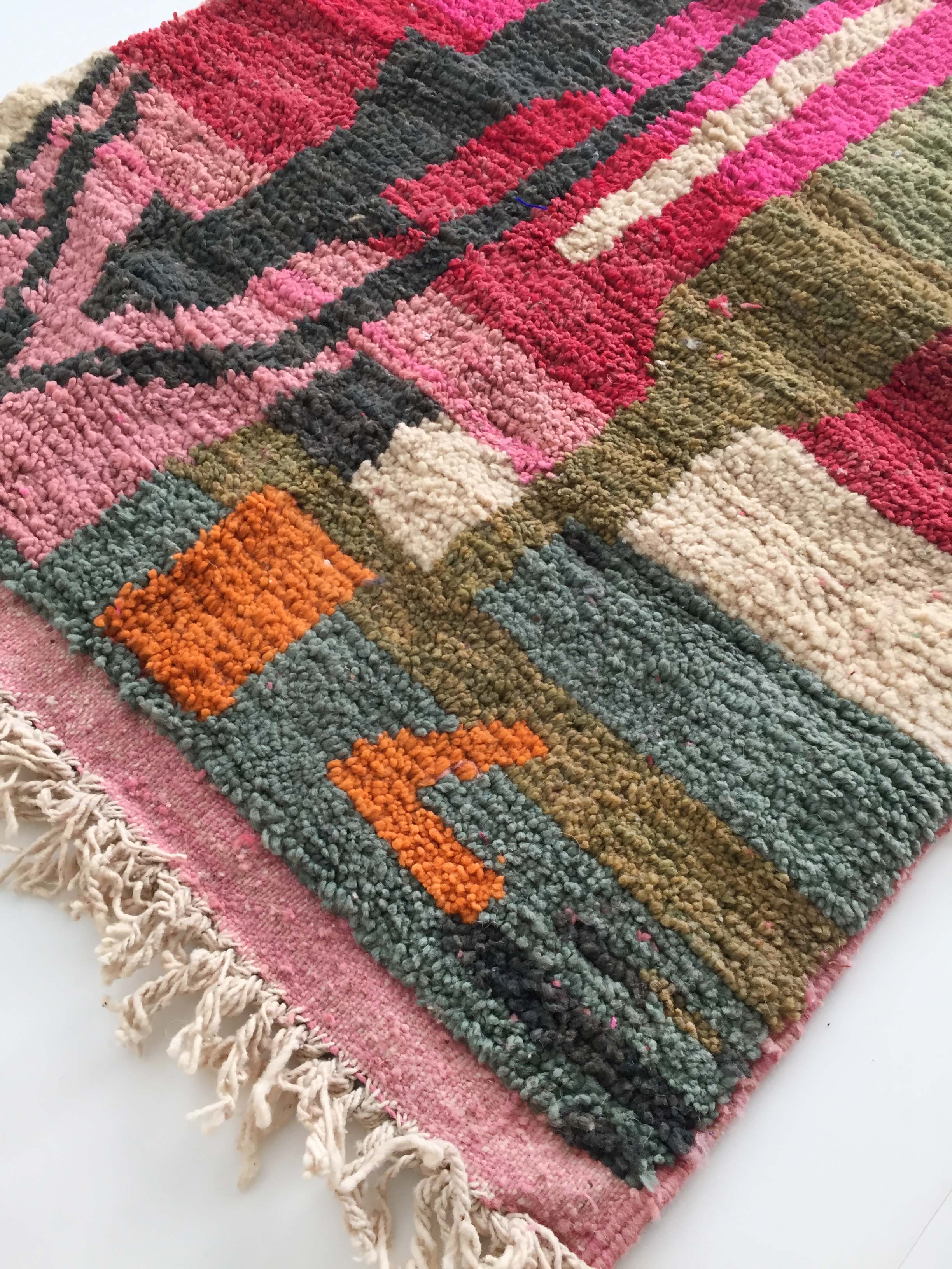 Moroccan Berber carpet Boujaad pink with colorful patterns 153x104cm