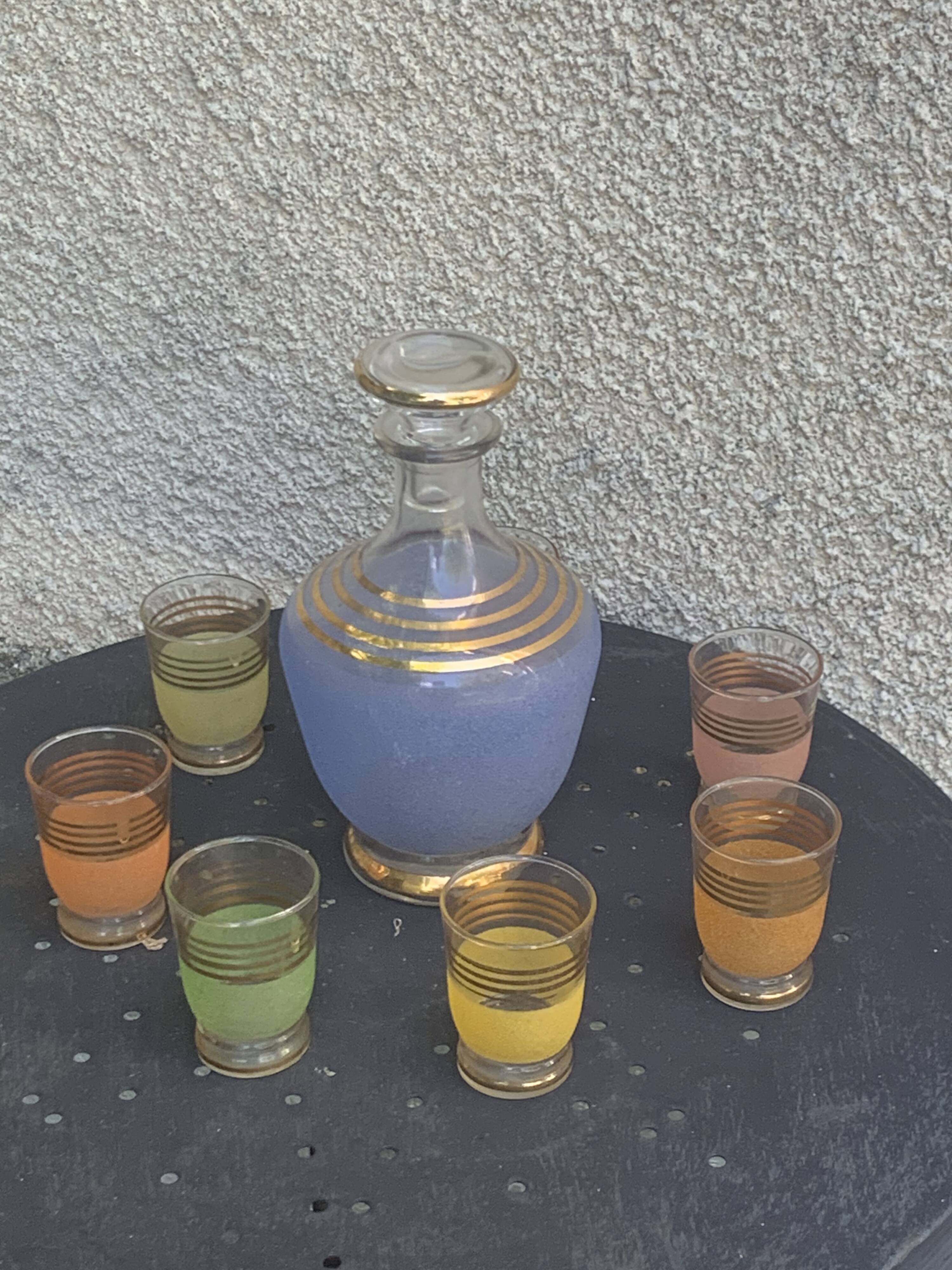 Liqueur set, Porto, consisting of a blue granite carafe and 6 glasses