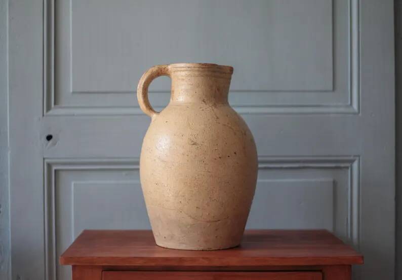 Large vintage stoneware pitcher, vintage carafe, jug, kitchen, collection, pottery, stoneware pitcher.