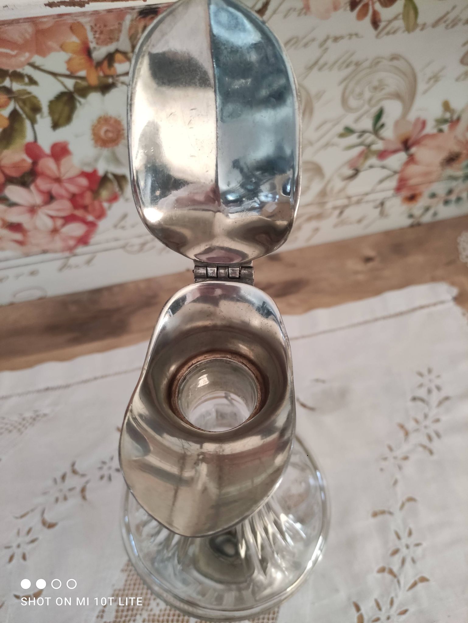 Old water decanter in curved glass and tin Art Nouveau style