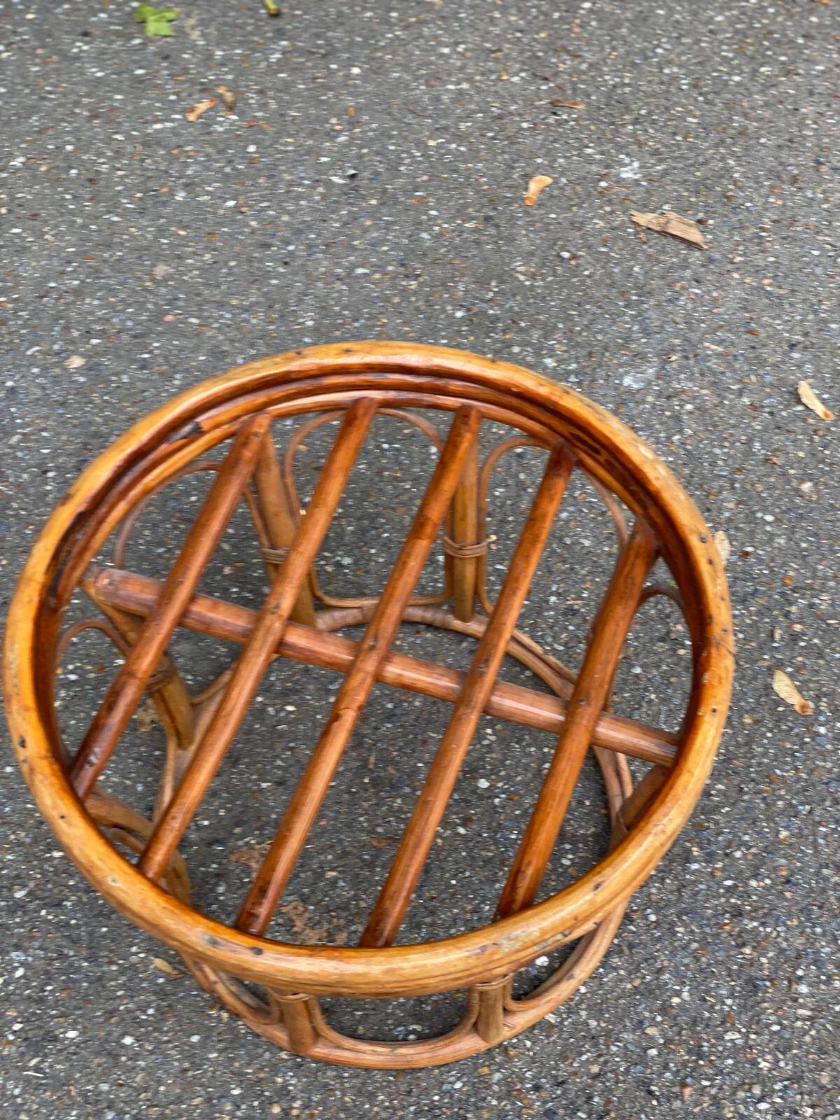 Vintage round woven bamboo pouf