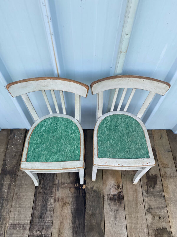 Paire de chaise ancienne bistrot luterma bois gris + assise verte vint