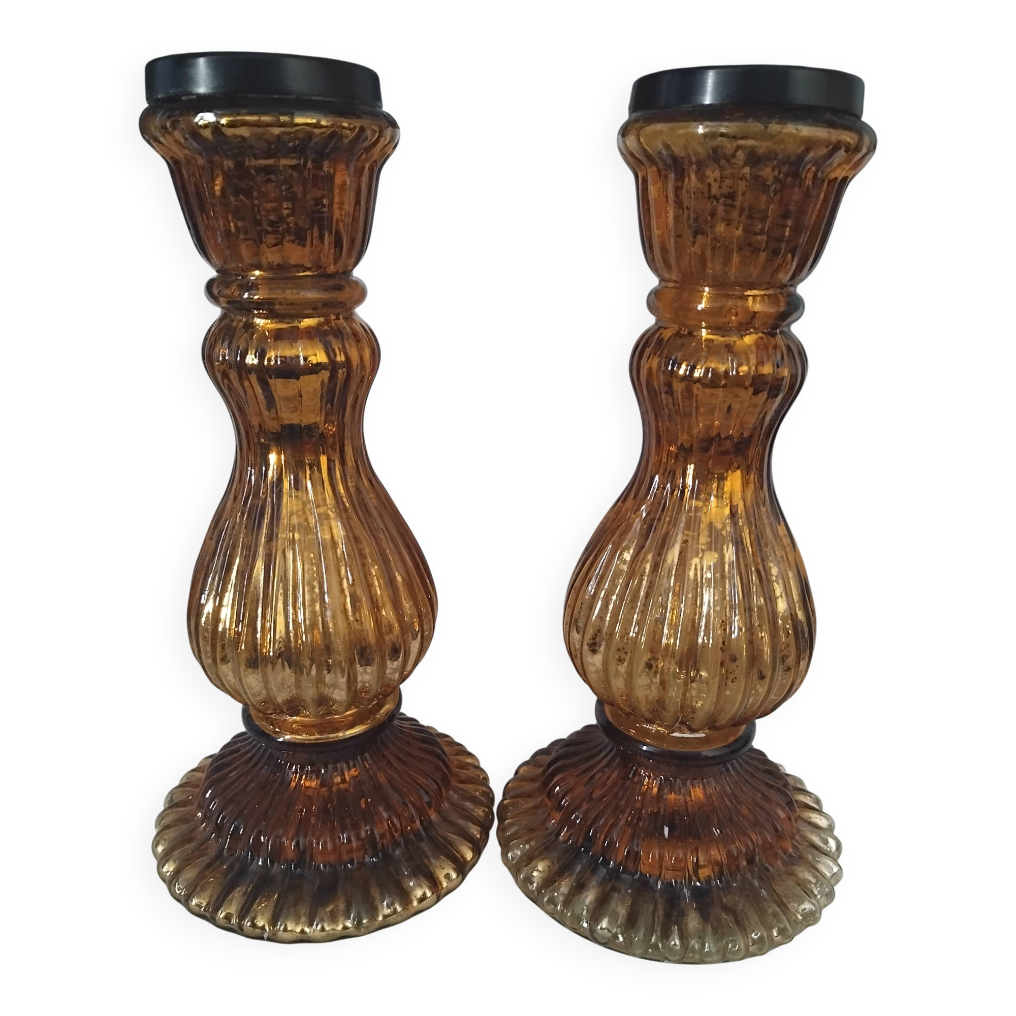2 vintage hand-blown glass candle holders in amber from Holland