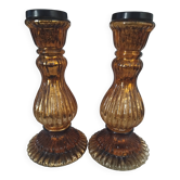 2 vintage hand-blown glass candle holders in amber from Holland