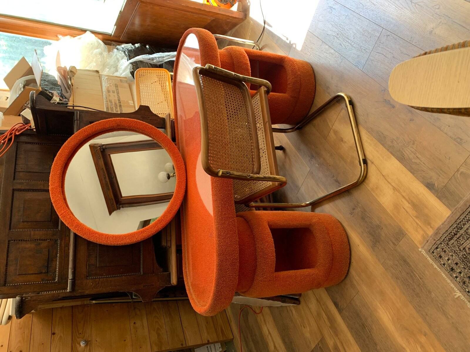 Vintage brown fabric dressing table with mirror and Bauhaus brass chairs — set of 3