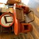 Vintage brown fabric dressing table with mirror and Bauhaus brass chairs — set of 3