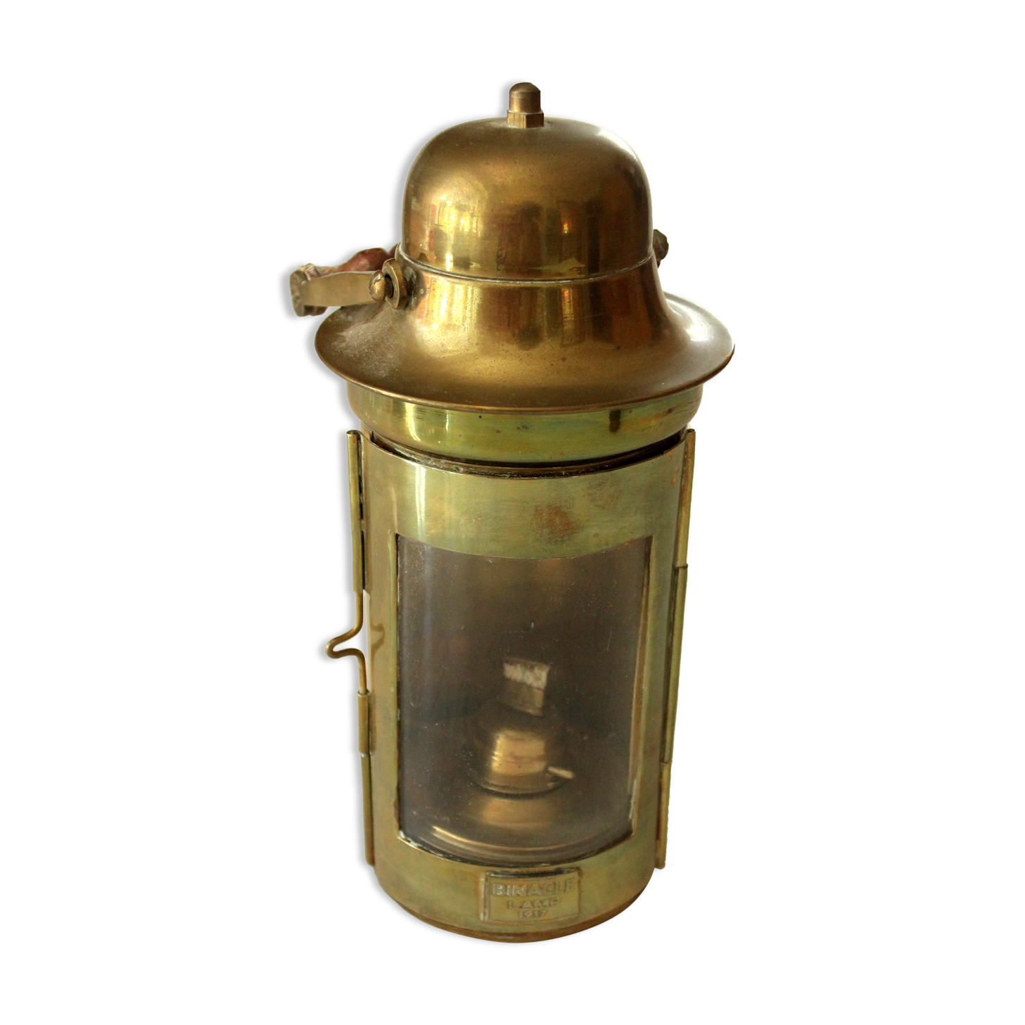 Decorative brass and glass oil lamp, wind light with wooden handle, vintage from the 1970s
