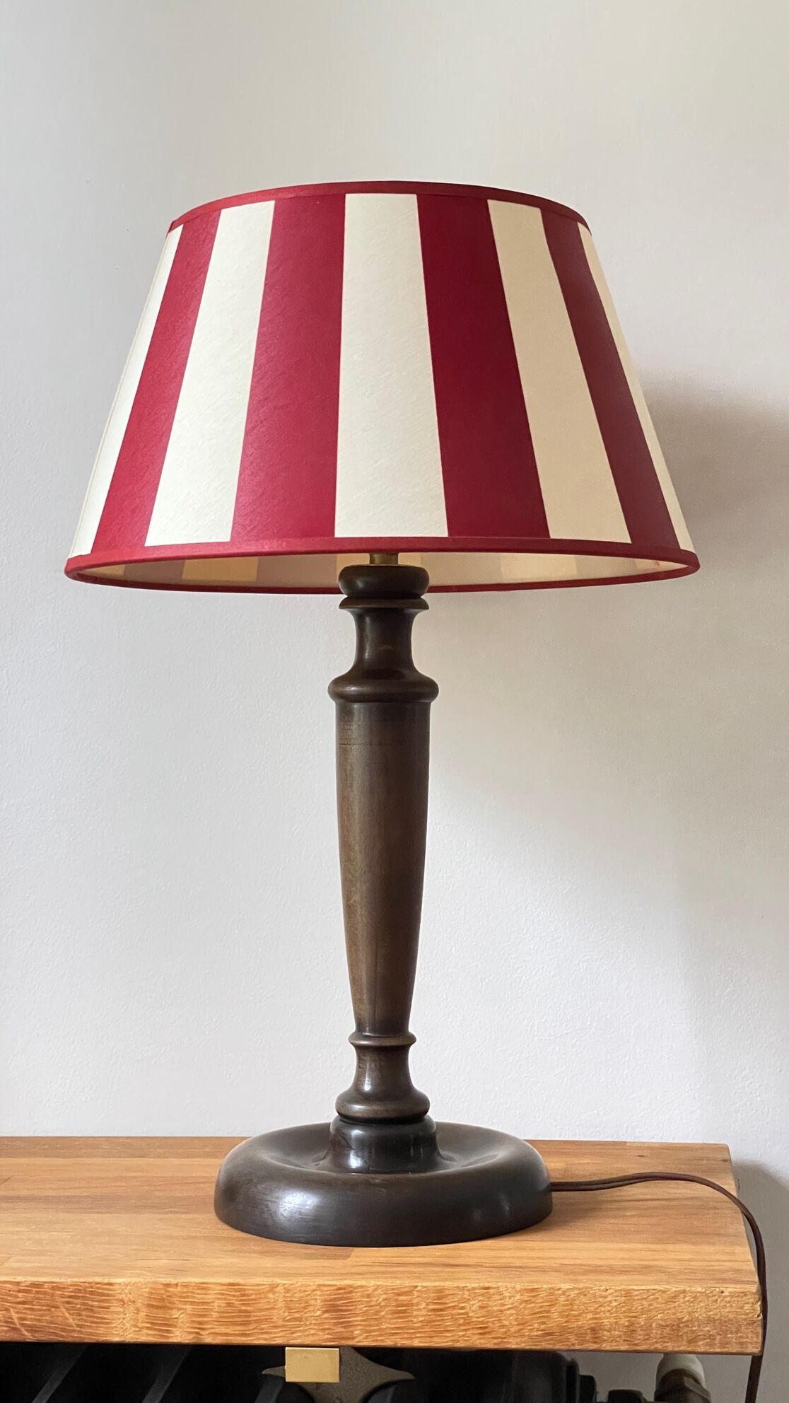 Wooden table lamp and striped lampshade
