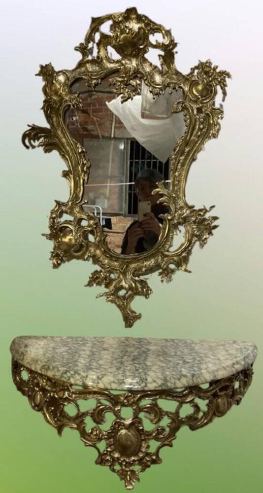 Console murale en bronze et miroir, années 60. Lot de 2