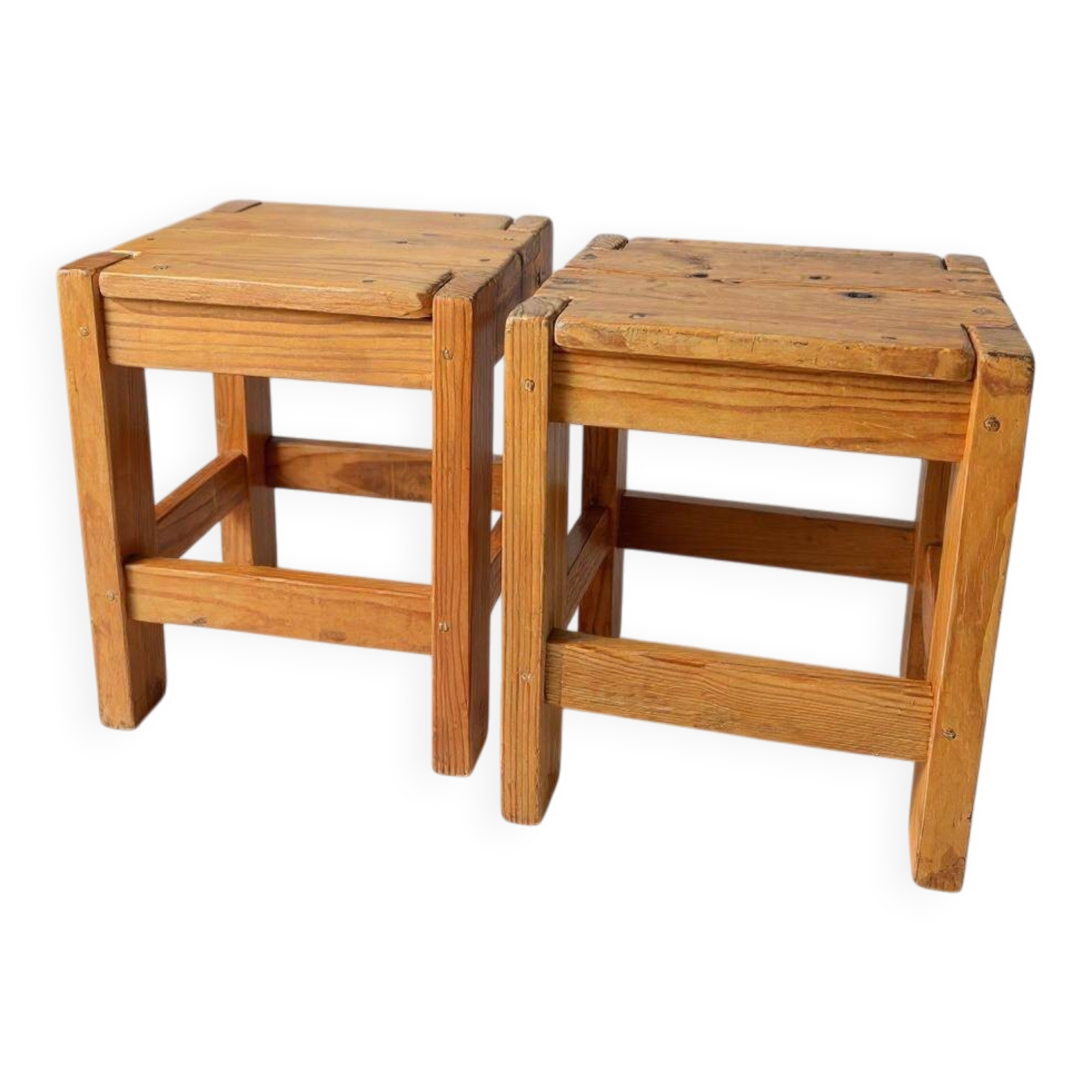 Pair of vintage larch stools, 1960s/70s