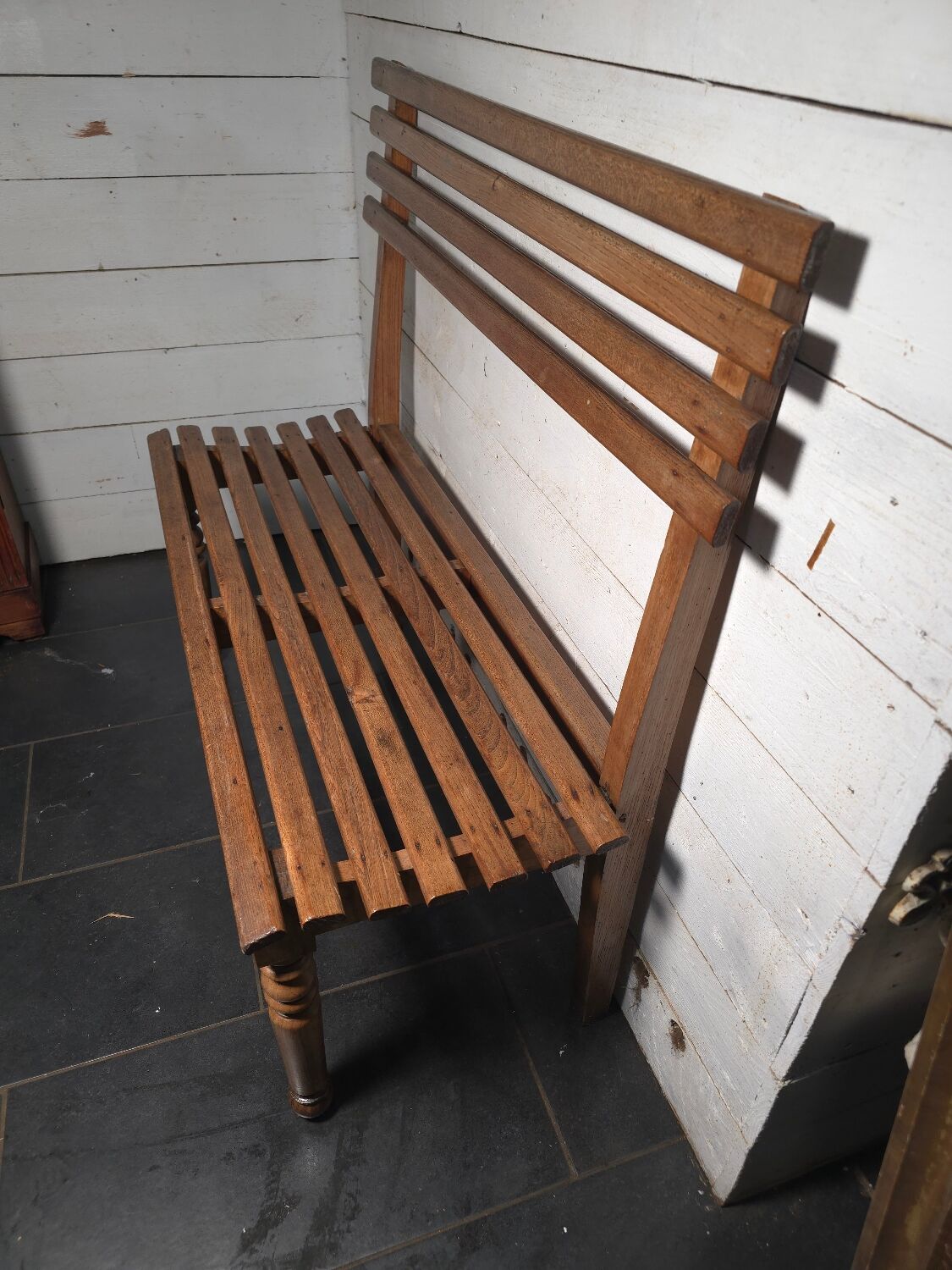 Solid oak workbench with slats signed by Edmond Magrez.