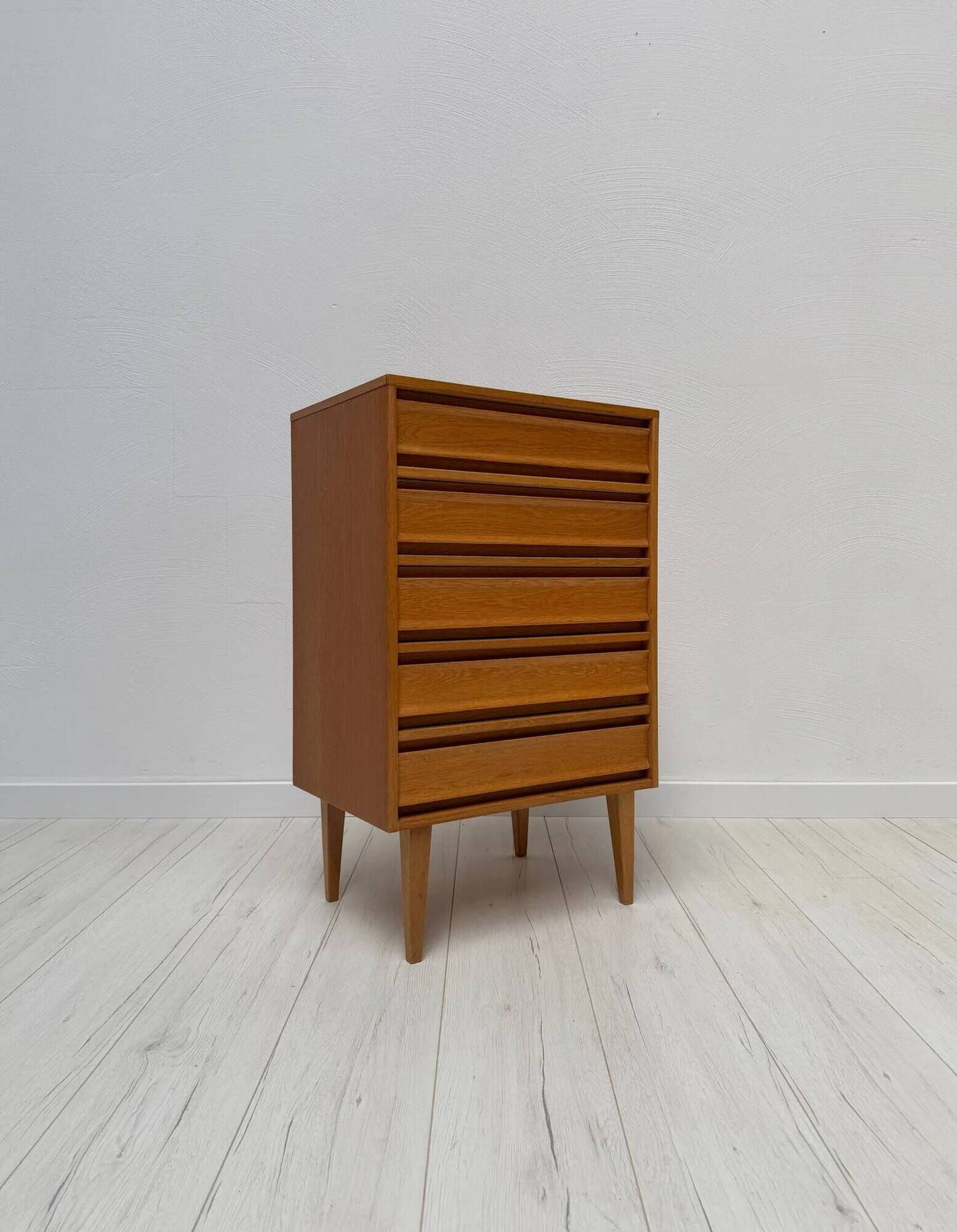 1960s vintage mid-century oak tallboy chest of drawers