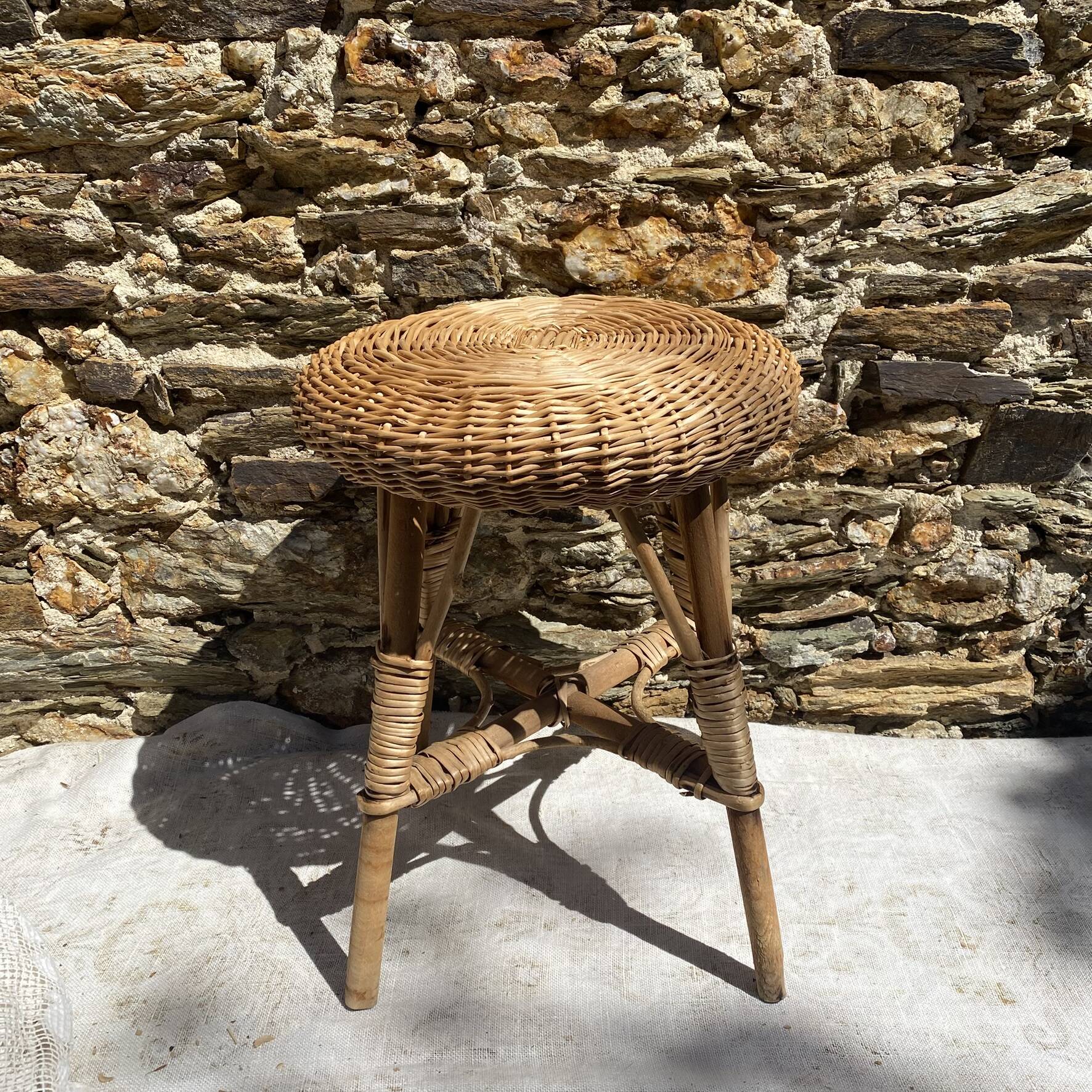 Tabouret en rotin et bois,   années 60