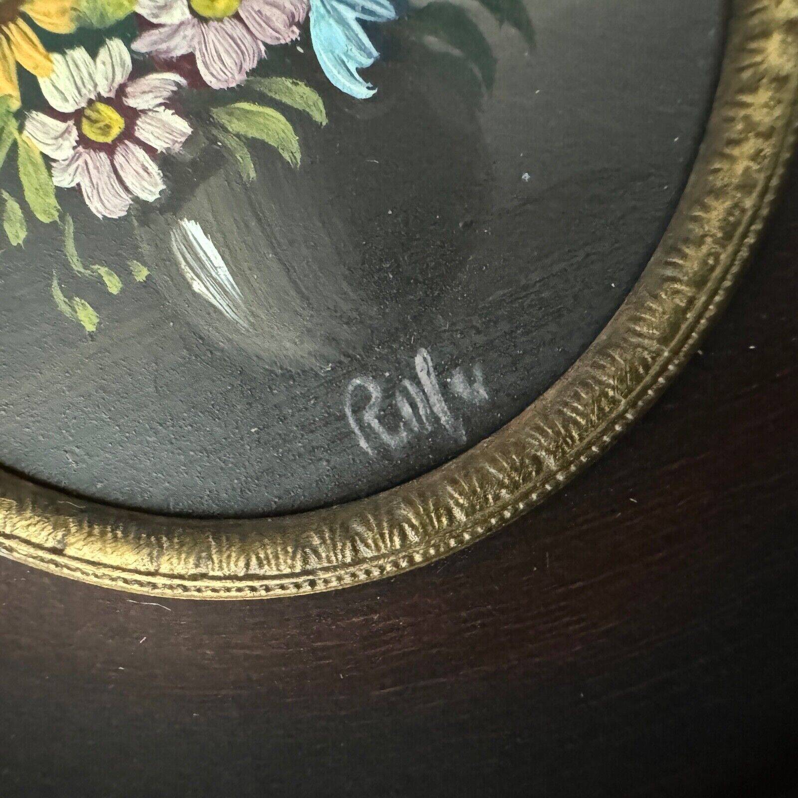 Miniature hand painted by Rolu bouquet of flowers mid 20th century wooden frame